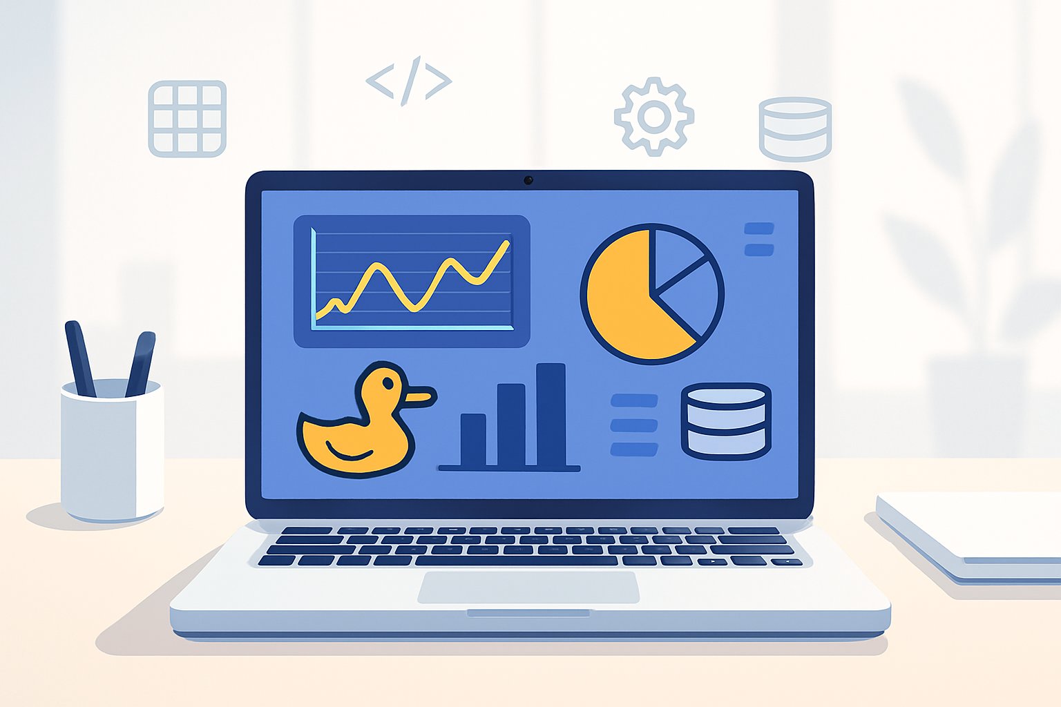 A laptop on a desk displaying data analytics visuals with icons representing database and data processing around it.
