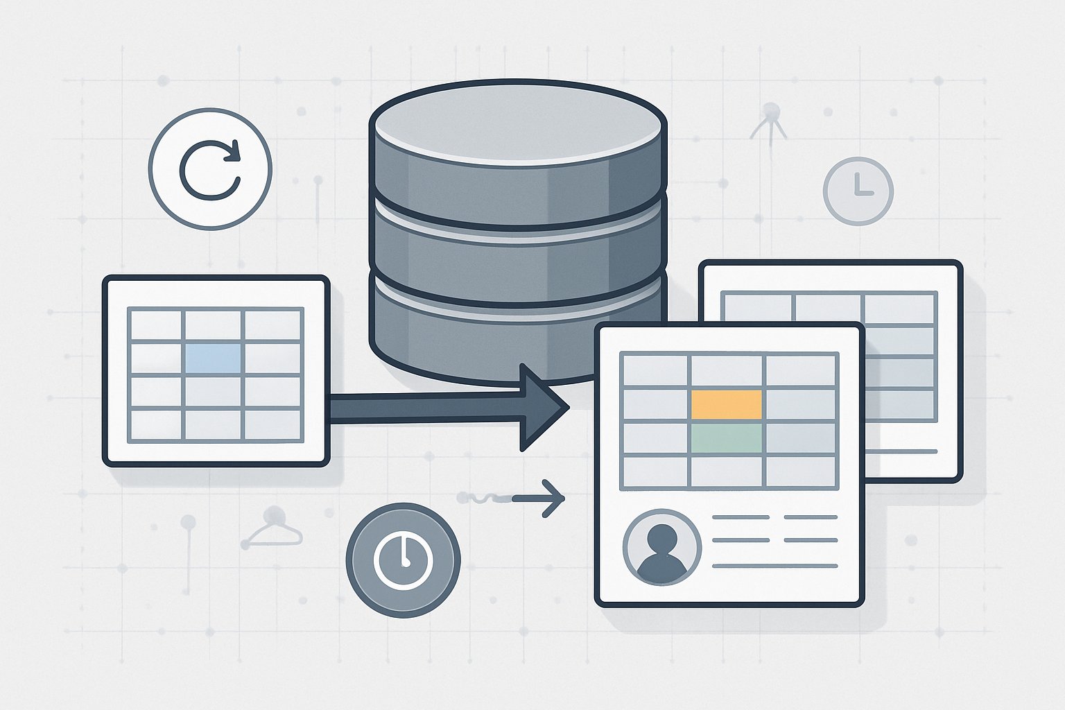 An illustration showing a database with multiple versions of data records connected by arrows, representing the tracking of data changes over time.