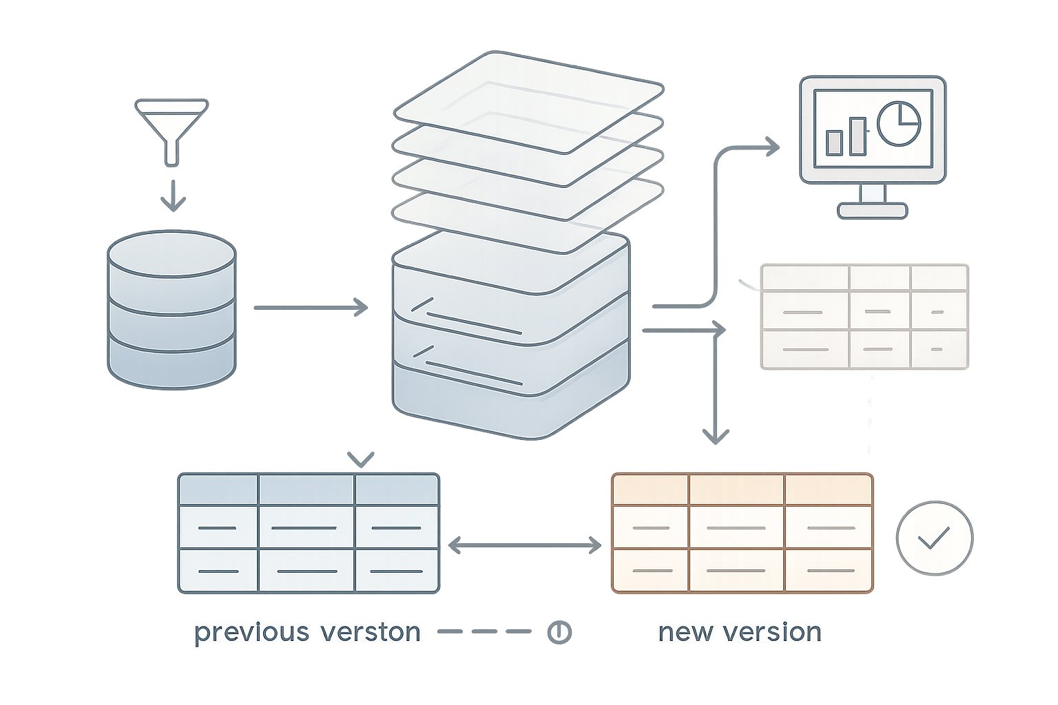 Illustration showing a database with stacked tables and arrows indicating changes over time, highlighting how data records are tracked with old and new versions side by side.