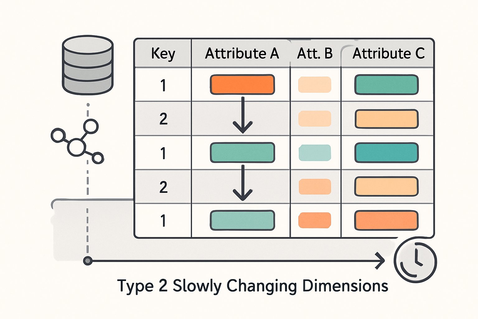An illustration showing data records with arrows and timelines representing historical tracking of changes in a database.