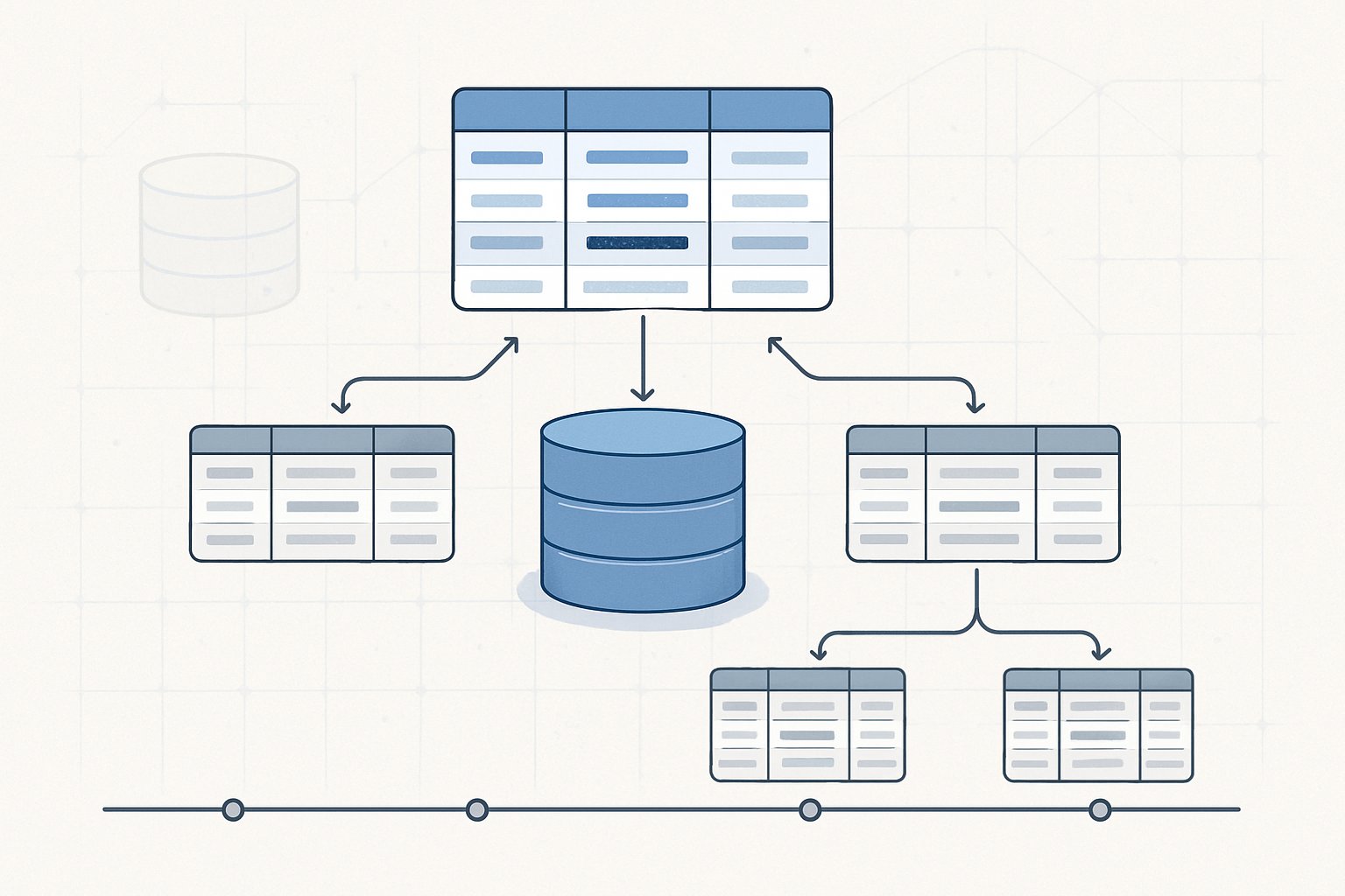 An illustration showing layered database tables connected by arrows to represent tracking changes over time in data records.