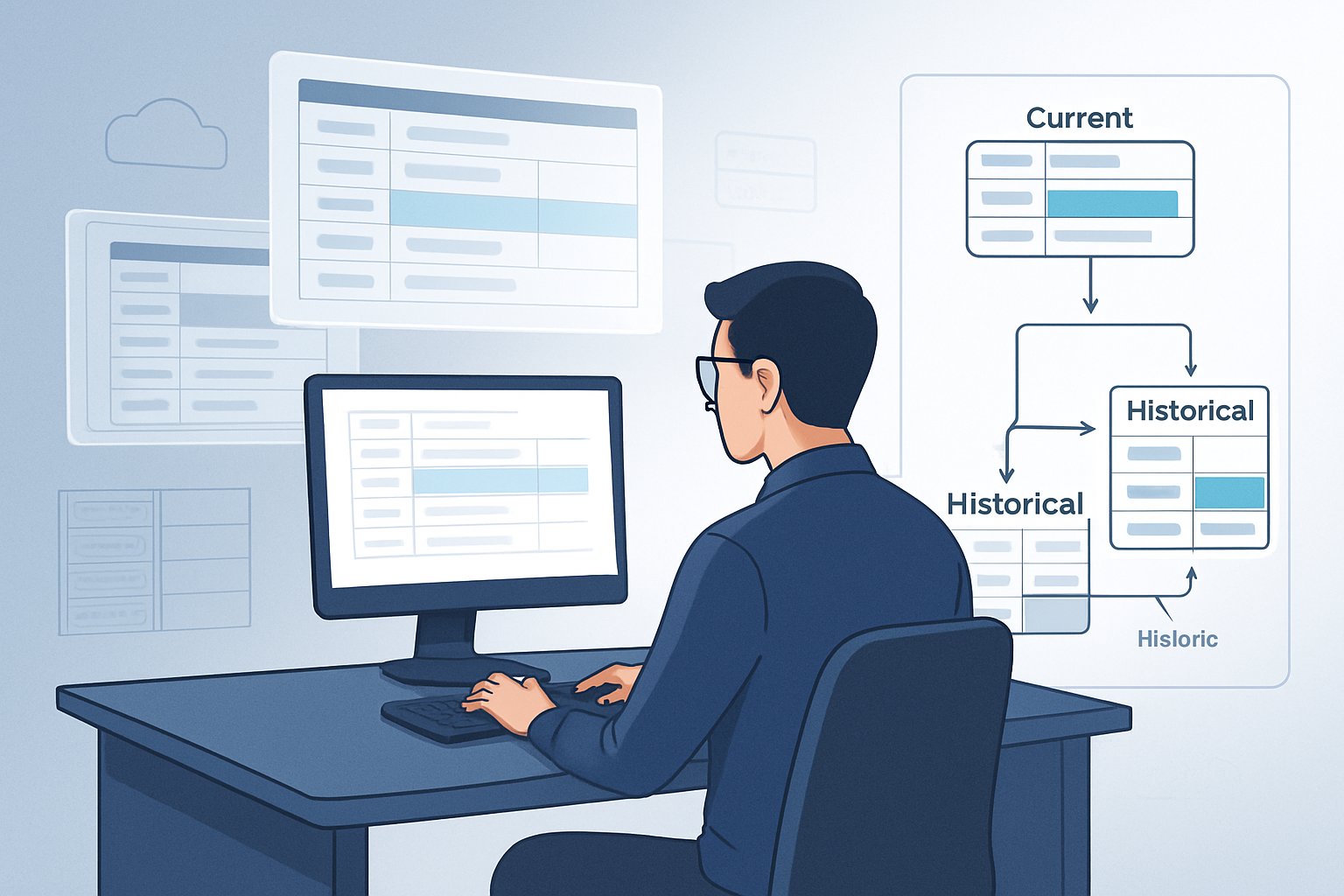 A person at a desk surrounded by floating digital screens showing evolving data tables and a flowchart illustrating data versioning and history preservation in a data warehousing process.