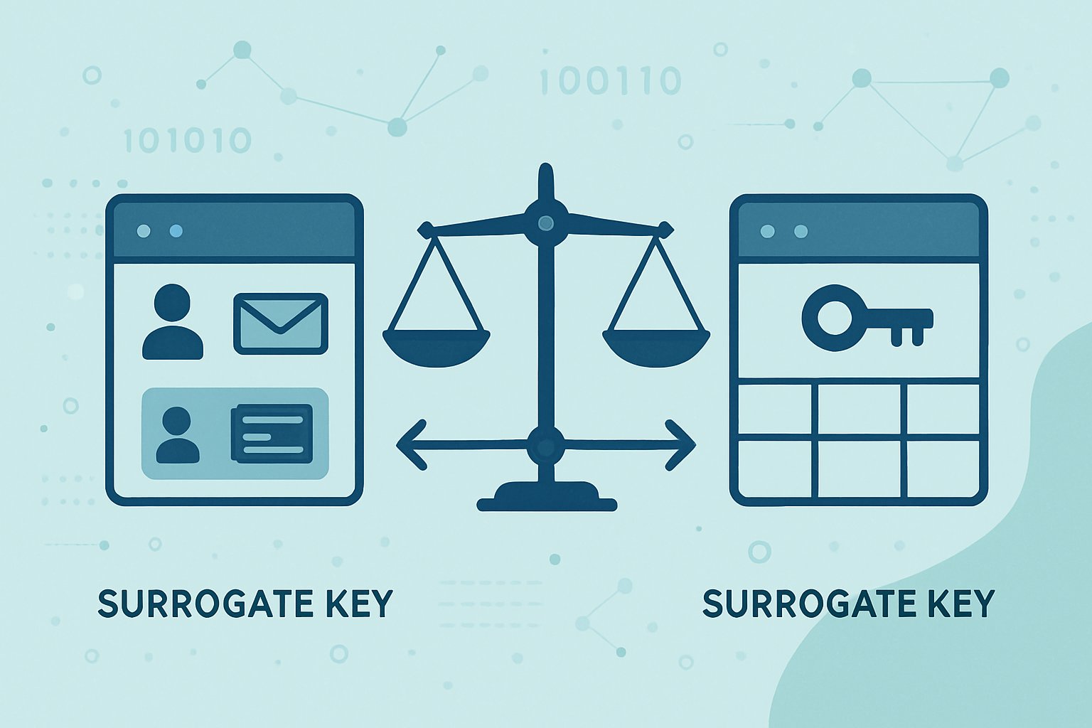 Two database tables side by side with icons representing natural keys on one and a surrogate key on the other, connected by a balanced scale symbolizing a choice between them.