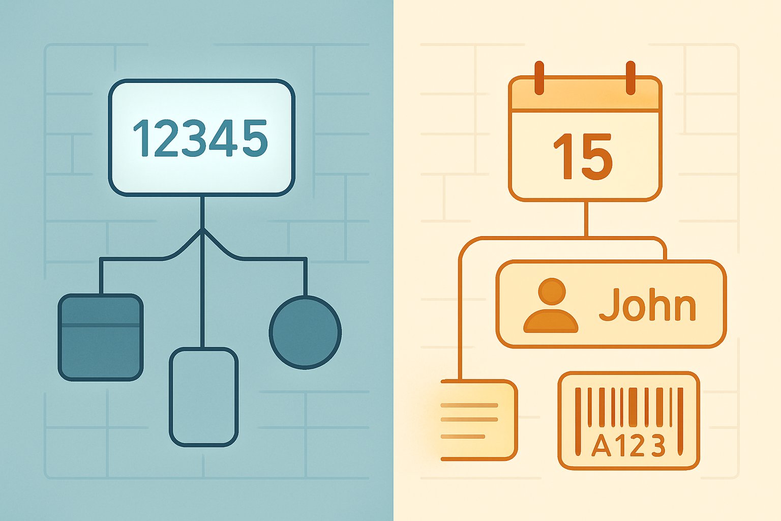An illustration showing two types of database keys: numeric ID tags connected to data entities on one side, and meaningful real-world data elements like names and dates integrated into entities on the other side.