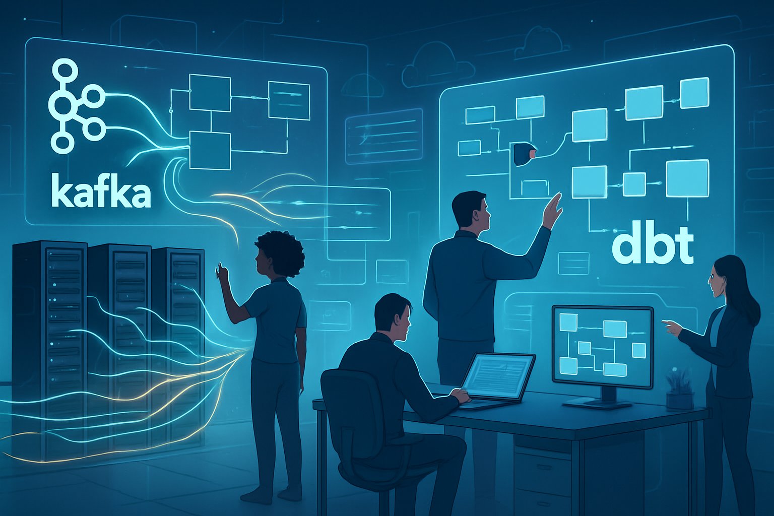 A team of data engineers working together in a high-tech data center with floating digital screens showing streaming data pipelines and models connected to servers and cloud infrastructure.
