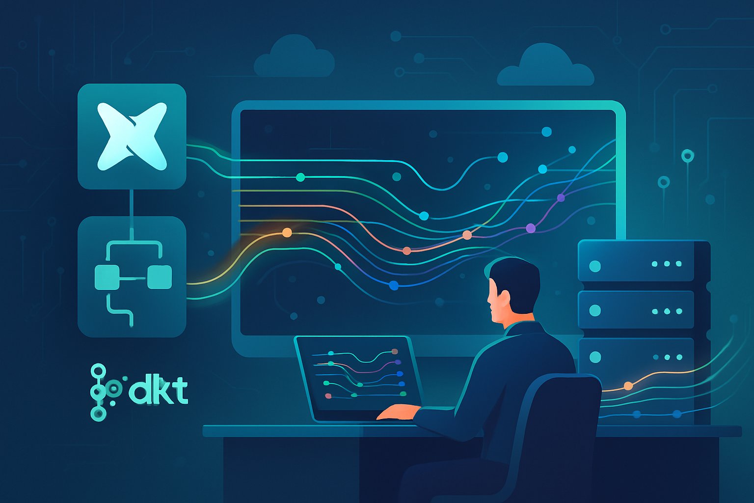 An illustration showing data streams flowing between a data modeling tool and a streaming data platform with interconnected servers and data pipelines.