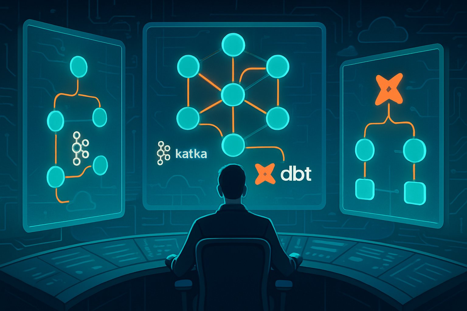 A control center with digital screens showing interconnected streaming data pipelines and nodes representing Kafka and dbt tools in a high-tech environment.