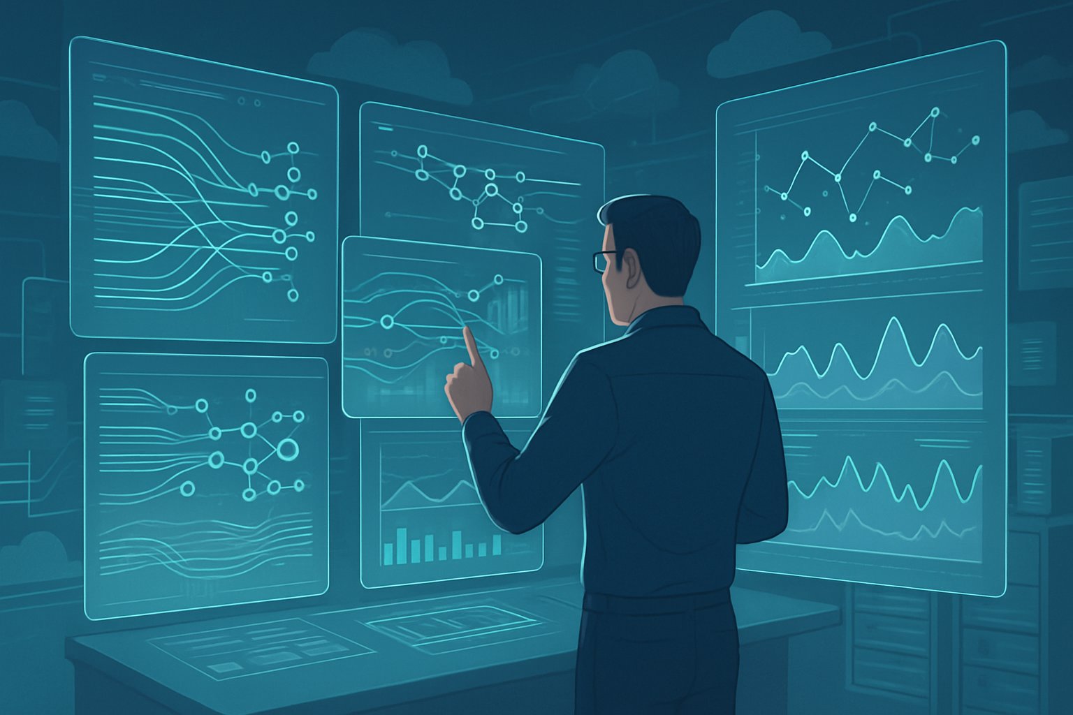 A data engineer interacts with floating digital screens showing streaming data pipelines, charts, and network connections in a high-tech workspace representing real-time analytics and data modeling.