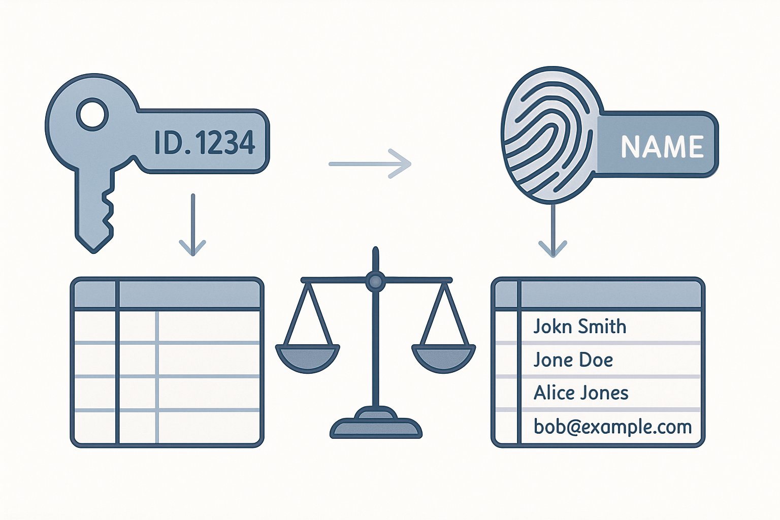 An illustration showing two types of database keys: a numeric surrogate key on one side and a real-world attribute natural key on the other, connected to respective database tables, highlighting their differences.