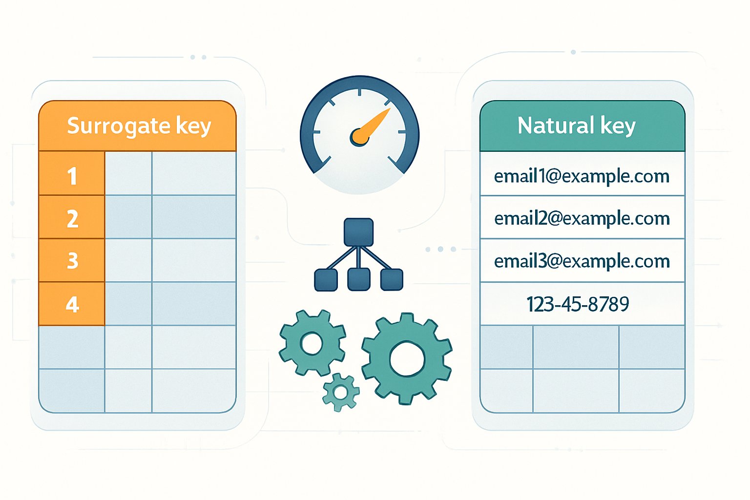 An illustration showing two database tables side by side, one with numeric surrogate keys and the other with meaningful natural keys, connected by symbols representing performance and indexing.