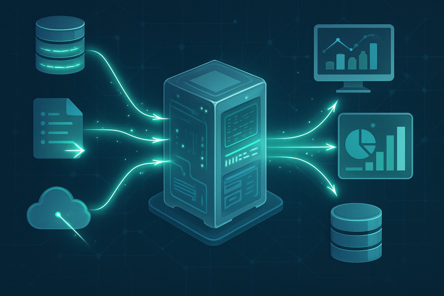 A data pipeline showing data sources sending change data to a central processing unit, which then sends processed data to analytics components like dashboards and data warehouses.