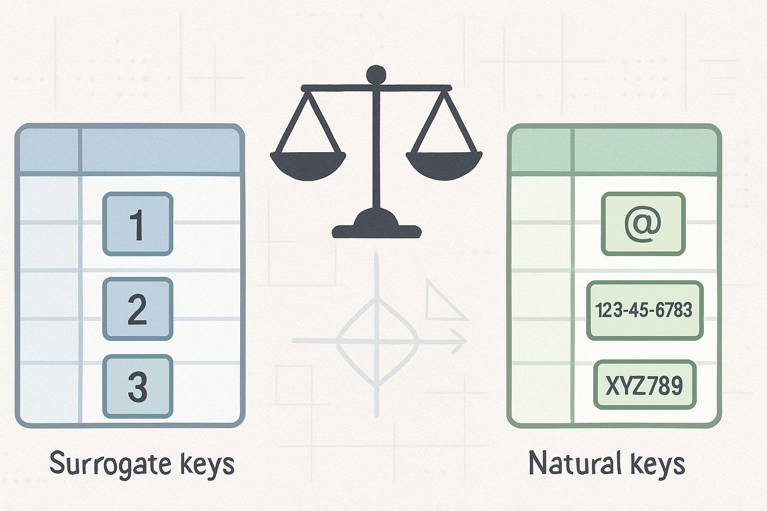 An illustration showing two database tables side by side, one with numeric surrogate keys and the other with meaningful natural keys, connected by a balanced scale representing the choice between them.