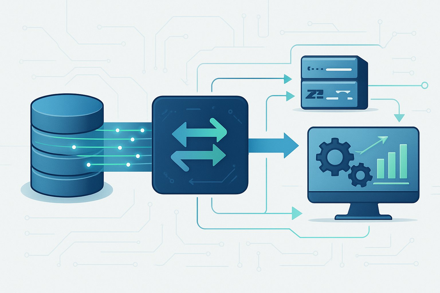 Illustration showing a data flow from a database through a change data capture system into an analytics pipeline with icons representing data processing and visualization.