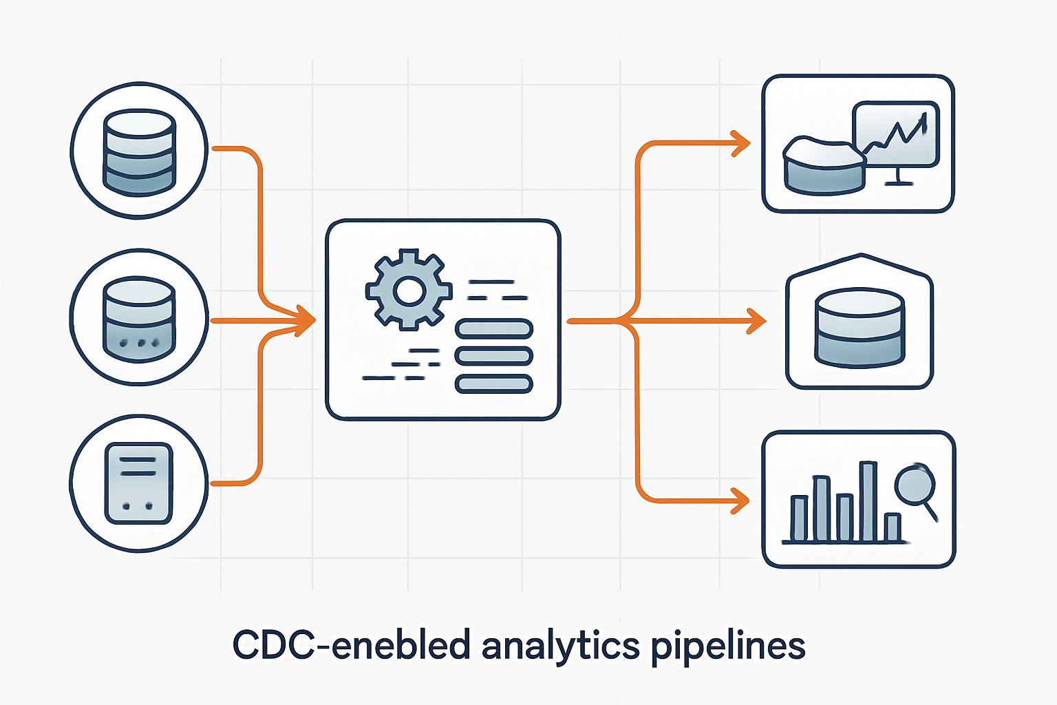 Diagram showing data sources flowing through a change data capture layer into multiple analytics pipelines leading to data processing and visualization components.