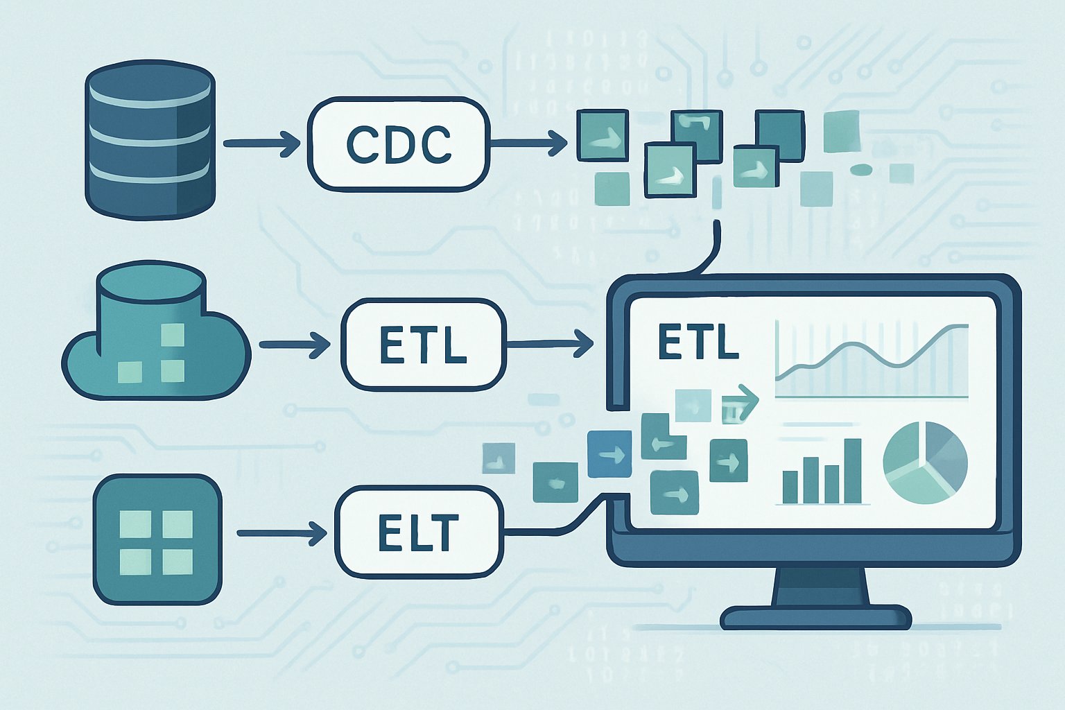 An illustration showing data sources connected to ETL and ELT pipelines capturing changing data and feeding into an analytics platform with graphs.