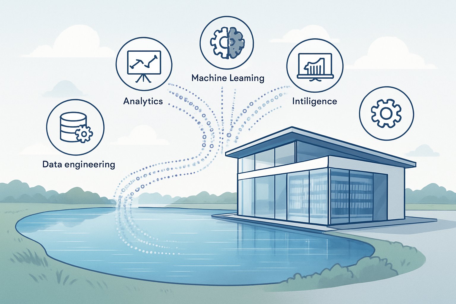 Illustration showing a lake with a modern building beside it connected by flowing data streams, surrounded by icons representing data analytics, machine learning, and business intelligence.