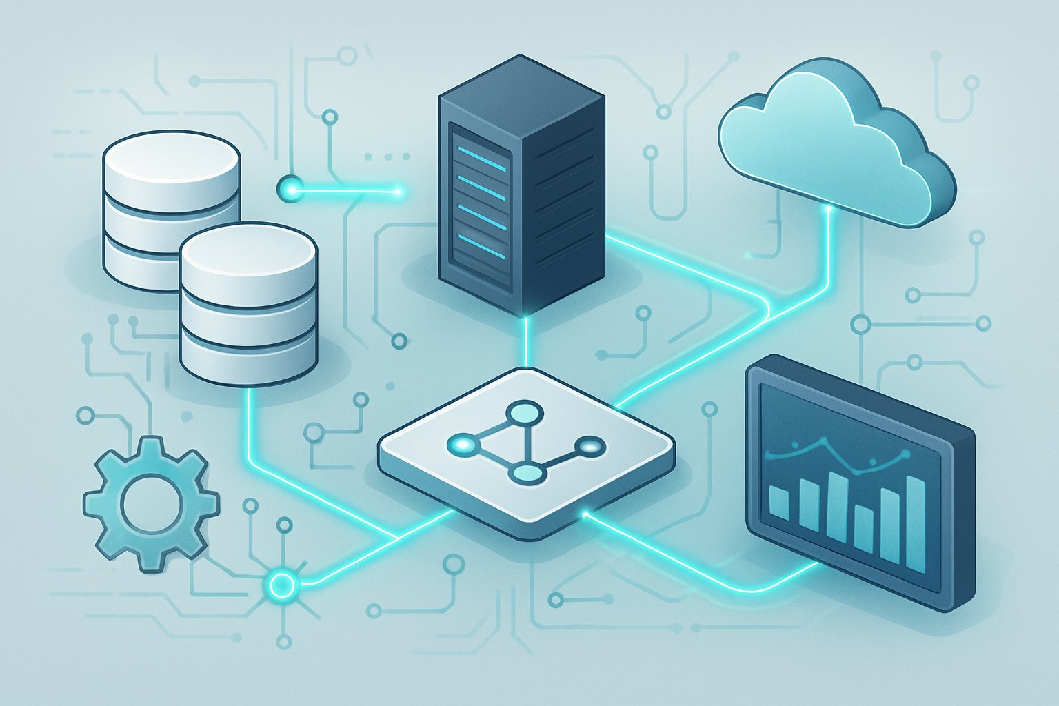 Illustration of interconnected digital platforms and data streams representing change data capture patterns in analytics pipelines.