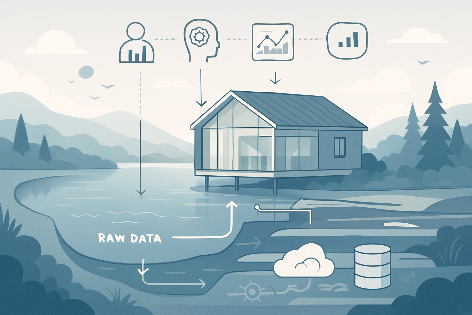 A lake with a modern house built over it, surrounded by layers and icons representing data storage, processing, and analytics, illustrating the integration of data lake and data warehouse technologies.