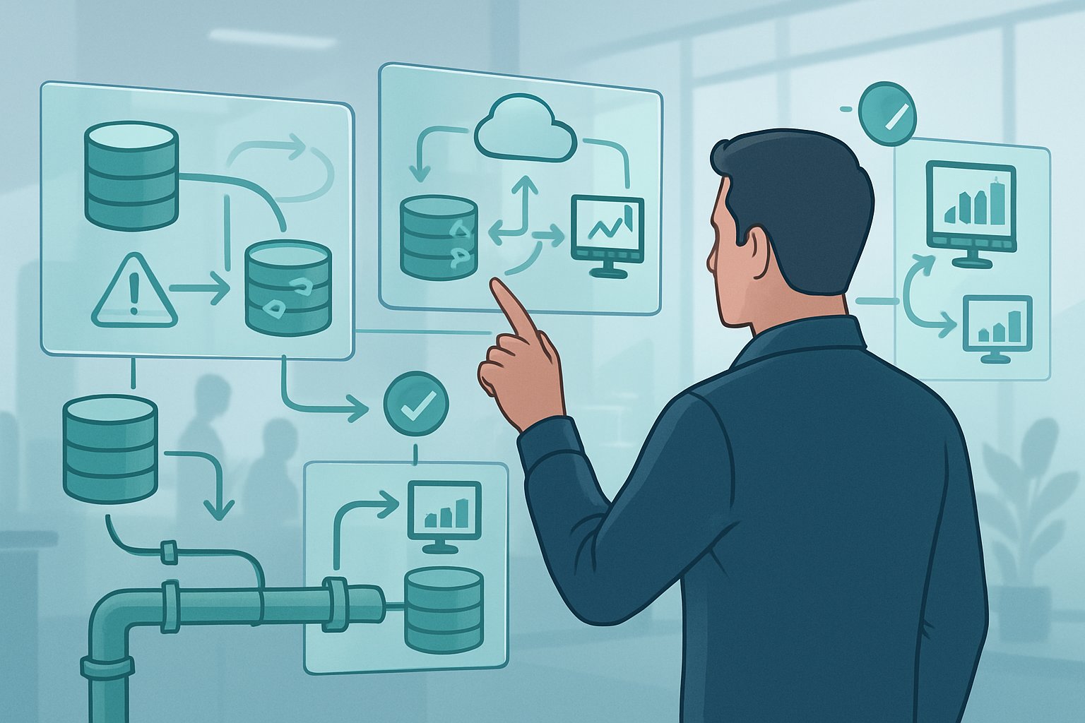 A workspace showing data pipelines connecting databases and analytics tools with arrows and nodes, illustrating data flow and change capture processes.
