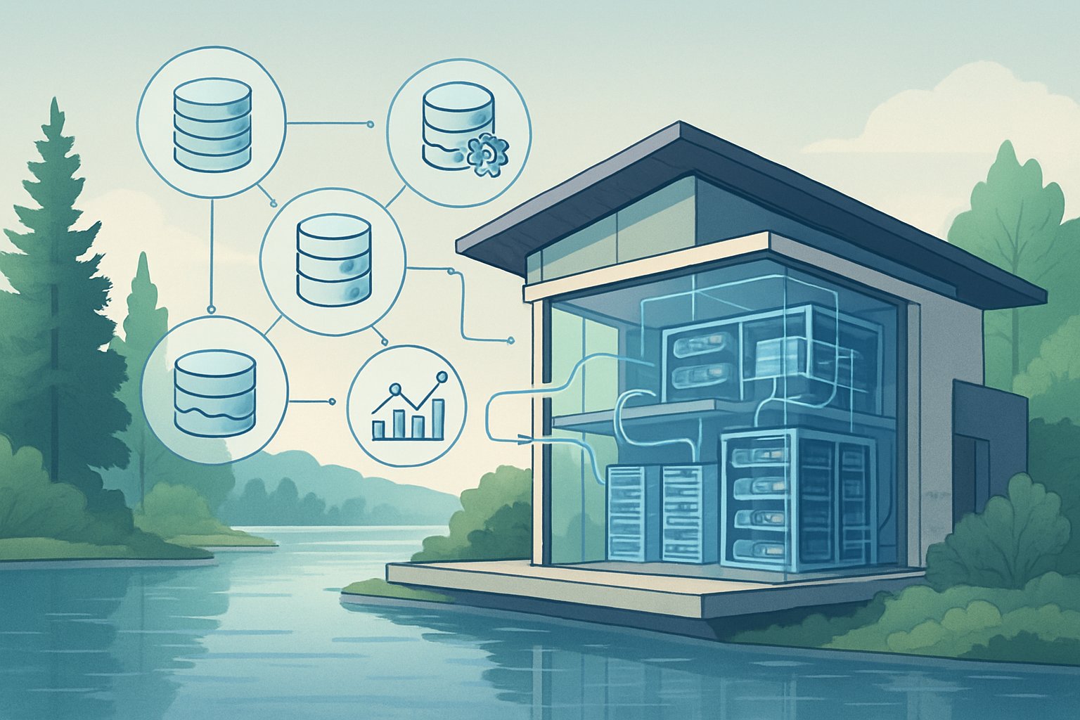 A modern lakehouse by a calm lake with transparent layers showing data storage and processing components, surrounded by digital icons representing data integration and analytics.