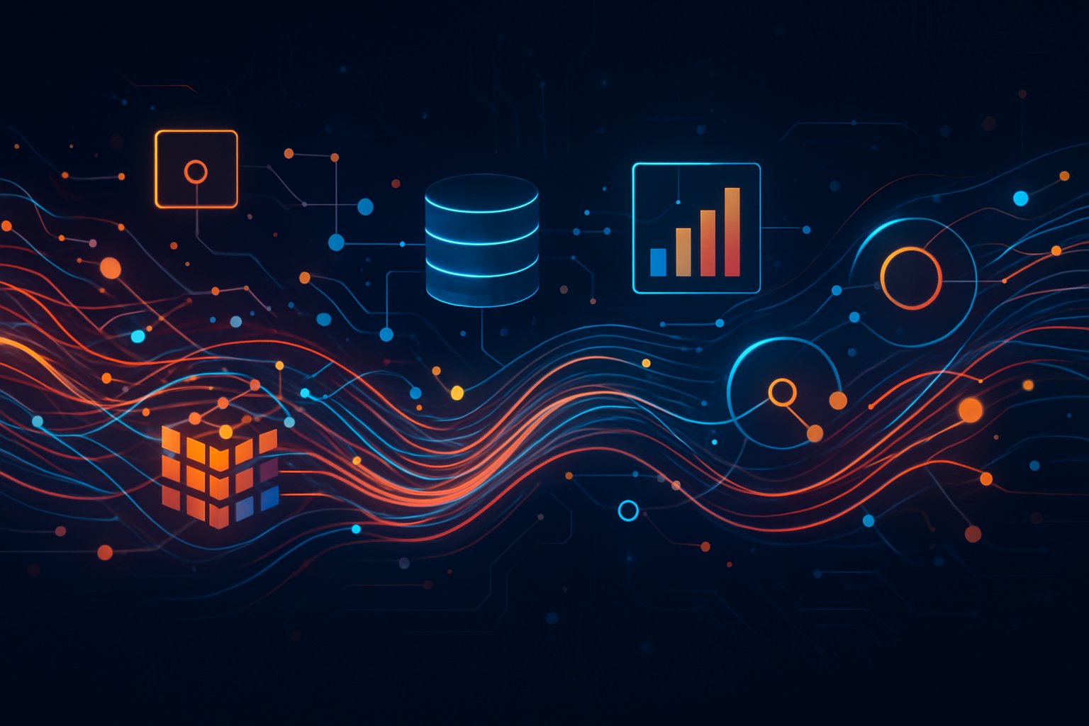 A digital network with colorful flowing data streams and interconnected nodes representing data capture and analytics processes.