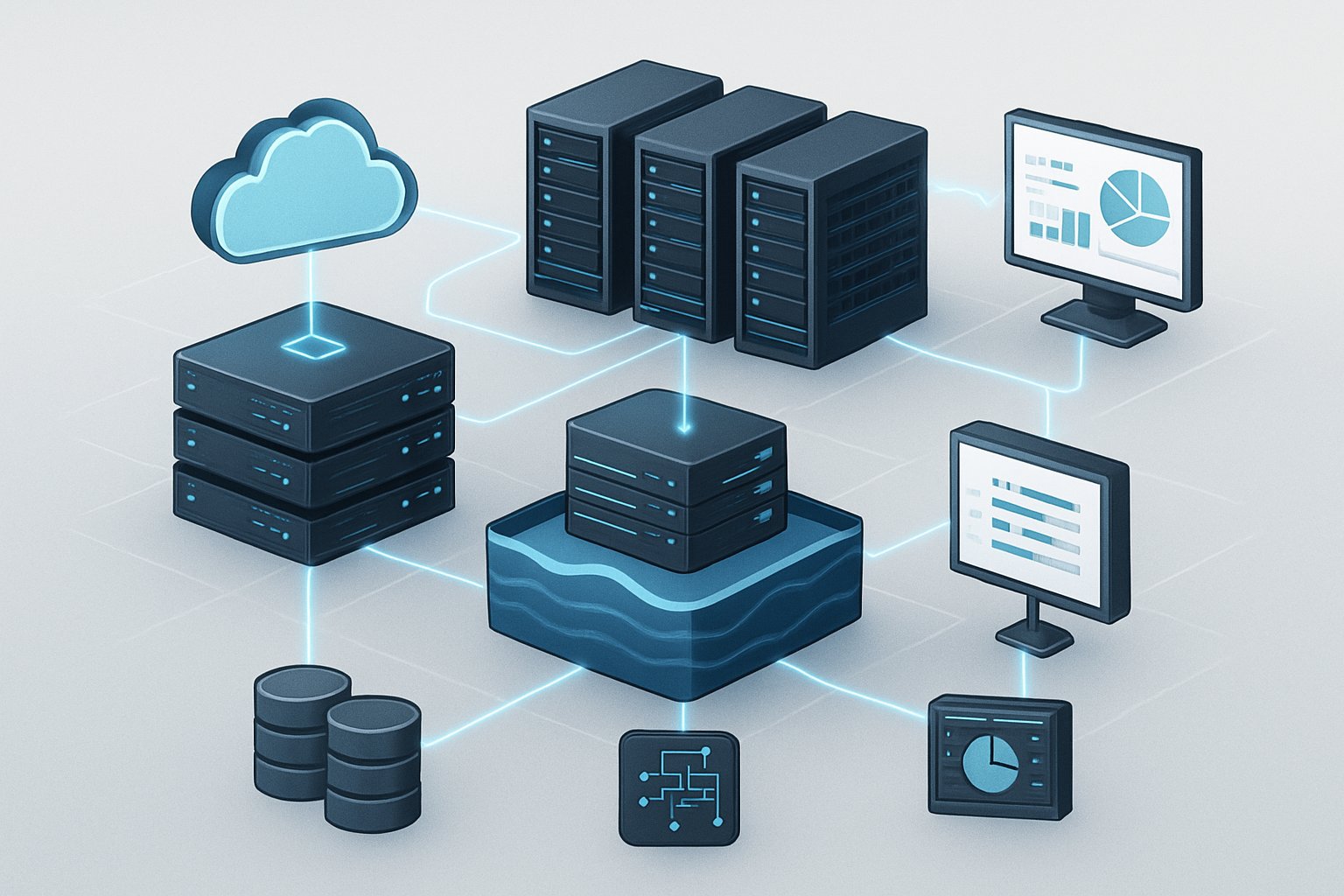 An illustration showing a data center with interconnected servers and cloud storage, layers representing data processing and analytics, and symbols for databases and machine learning models.