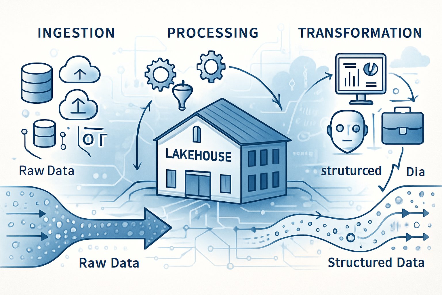 A detailed illustration showing a data lakehouse with connected stages of data ingestion, processing, and transformation, depicting data flowing through each stage into analytics and applications.