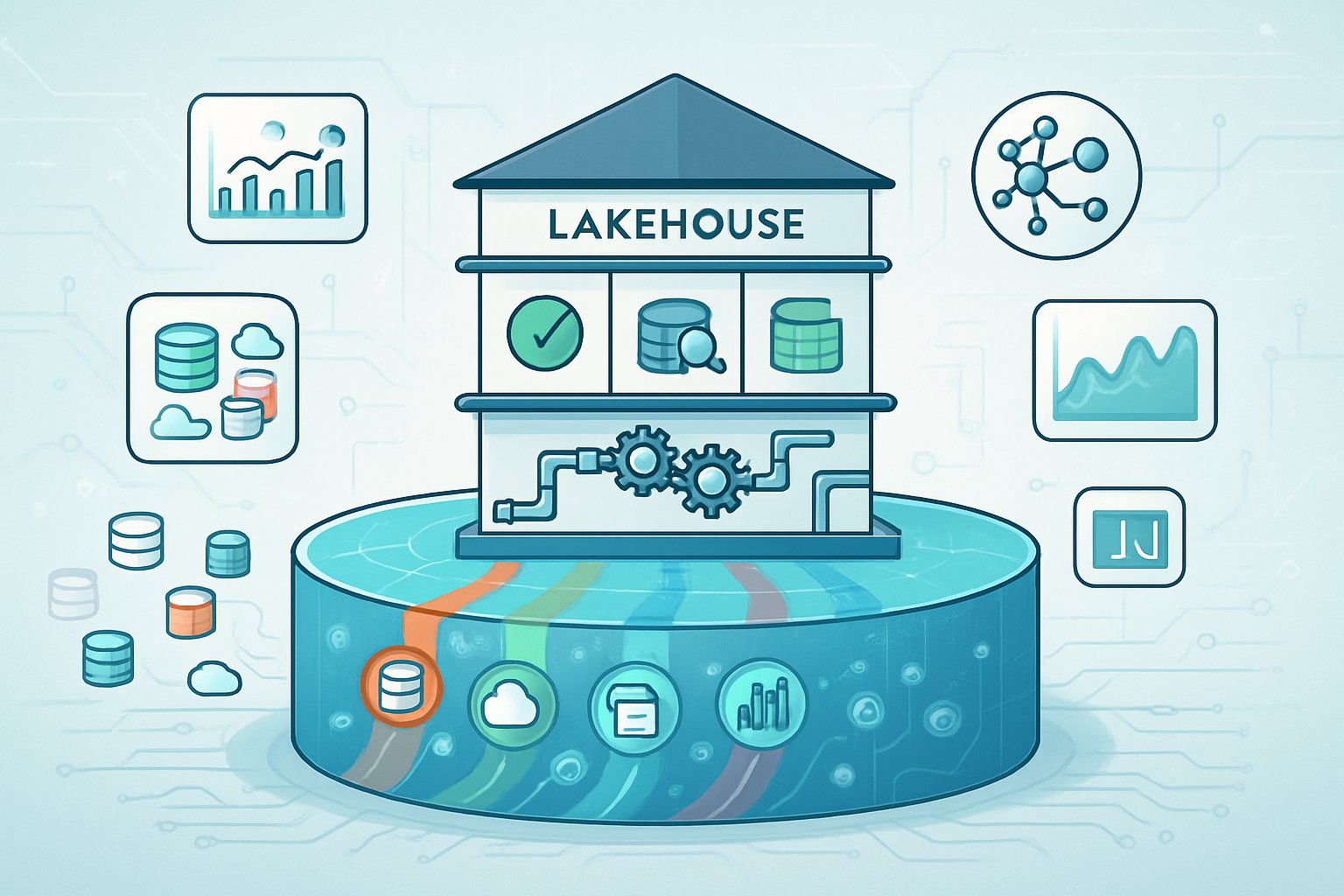 A digital lake with colorful data streams flowing into a layered building representing a data lakehouse, surrounded by icons for data processing, quality checks, and various analytics use cases.