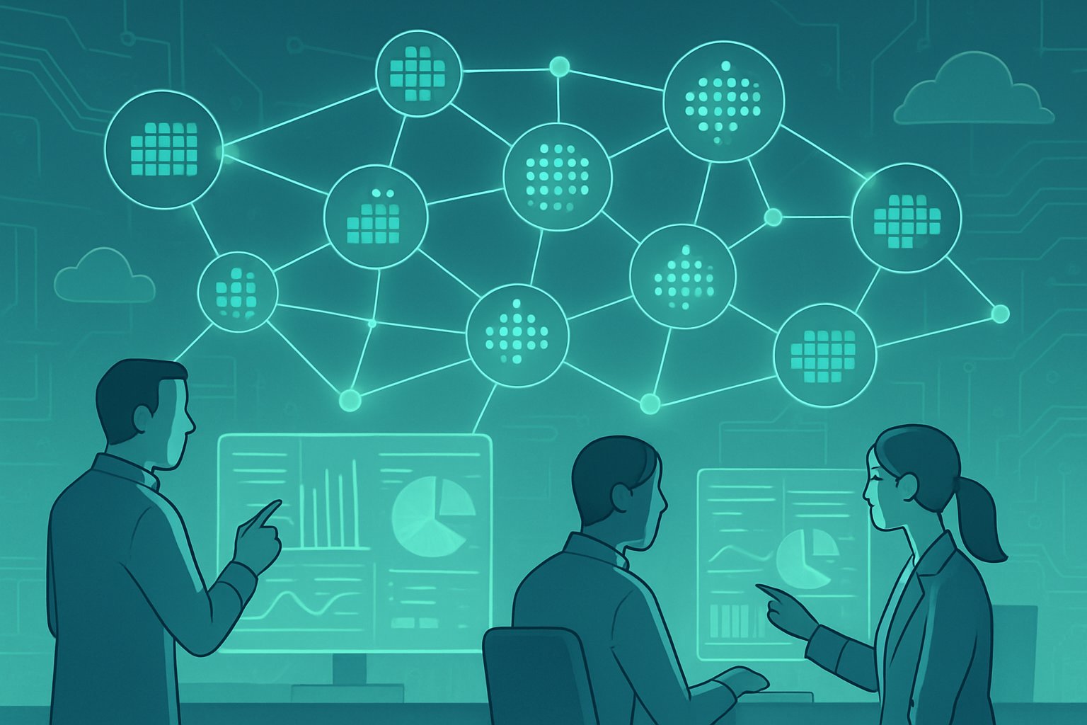 An illustration showing interconnected data nodes representing data products within a network, with people collaborating and analyzing data on transparent screens in a modern tech setting.