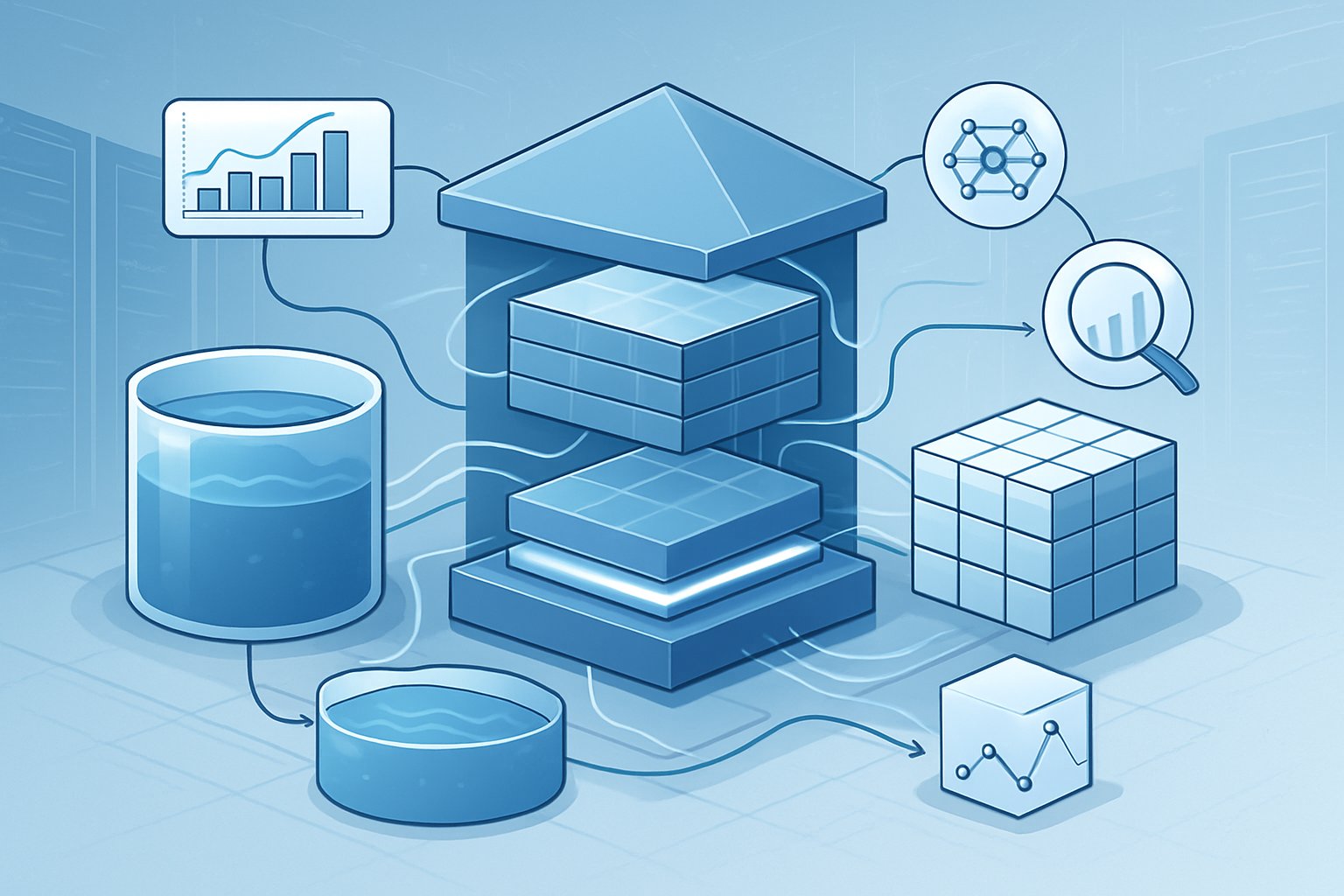 An illustration showing a layered data architecture with interconnected components representing data lakes, warehouses, and analytics, surrounded by icons for business intelligence and advanced data use cases.
