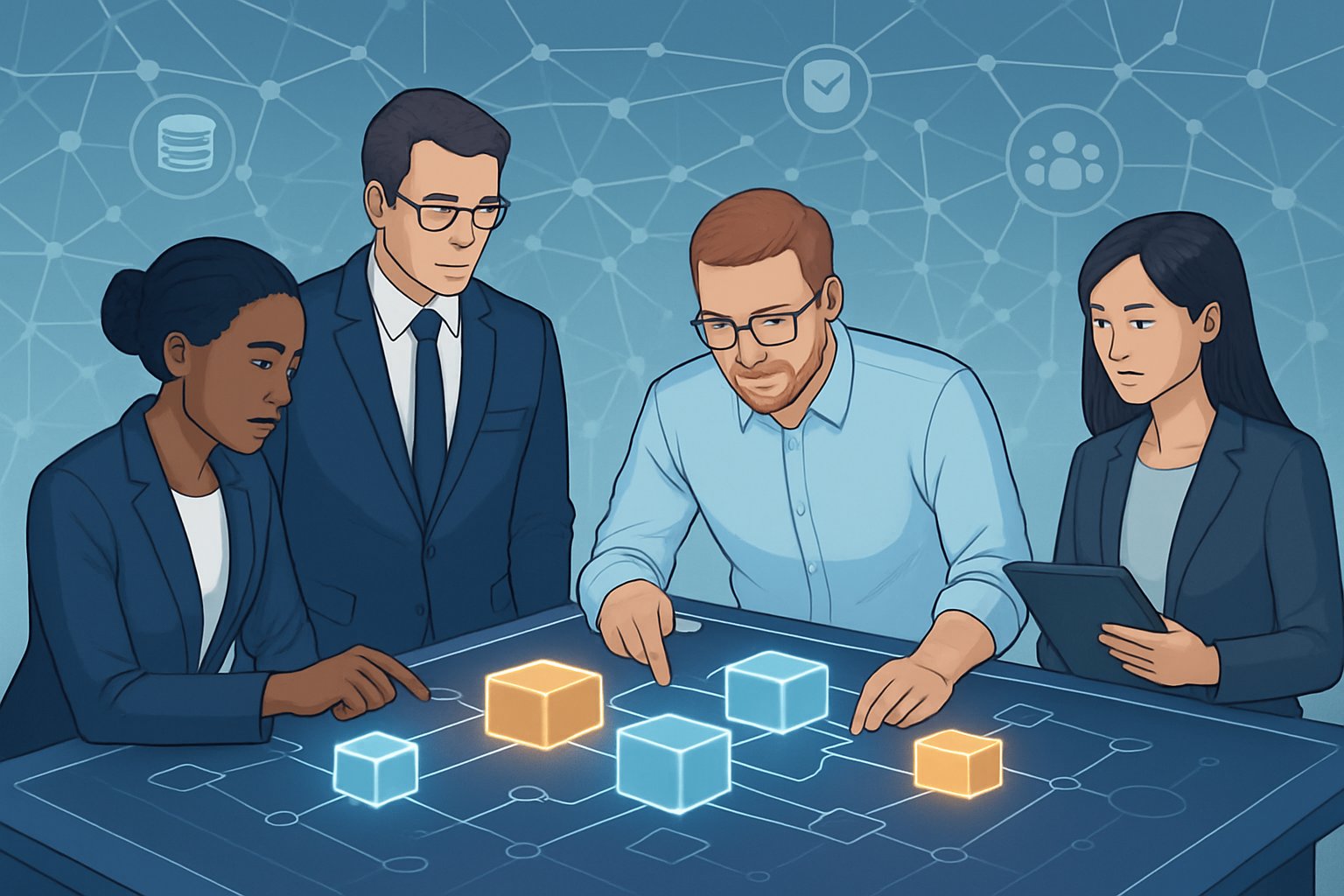 A group of professionals collaborating around a digital table with interconnected glowing blocks representing data products, set against a background of a network of data connections.