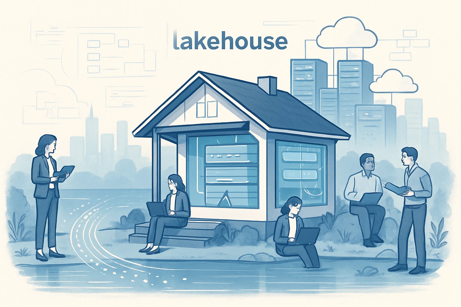 A lakehouse building between a lake and a digital city, with data streams flowing into the lake and professionals working nearby, illustrating data architecture and collaboration.