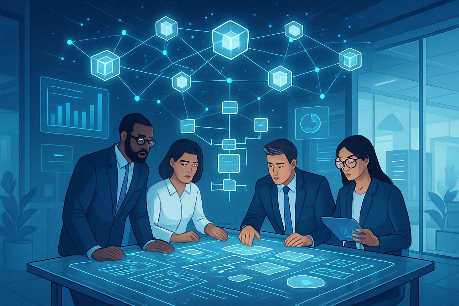 A group of professionals collaborating around a digital table with interconnected data nodes and holographic data visualizations representing a data mesh network.