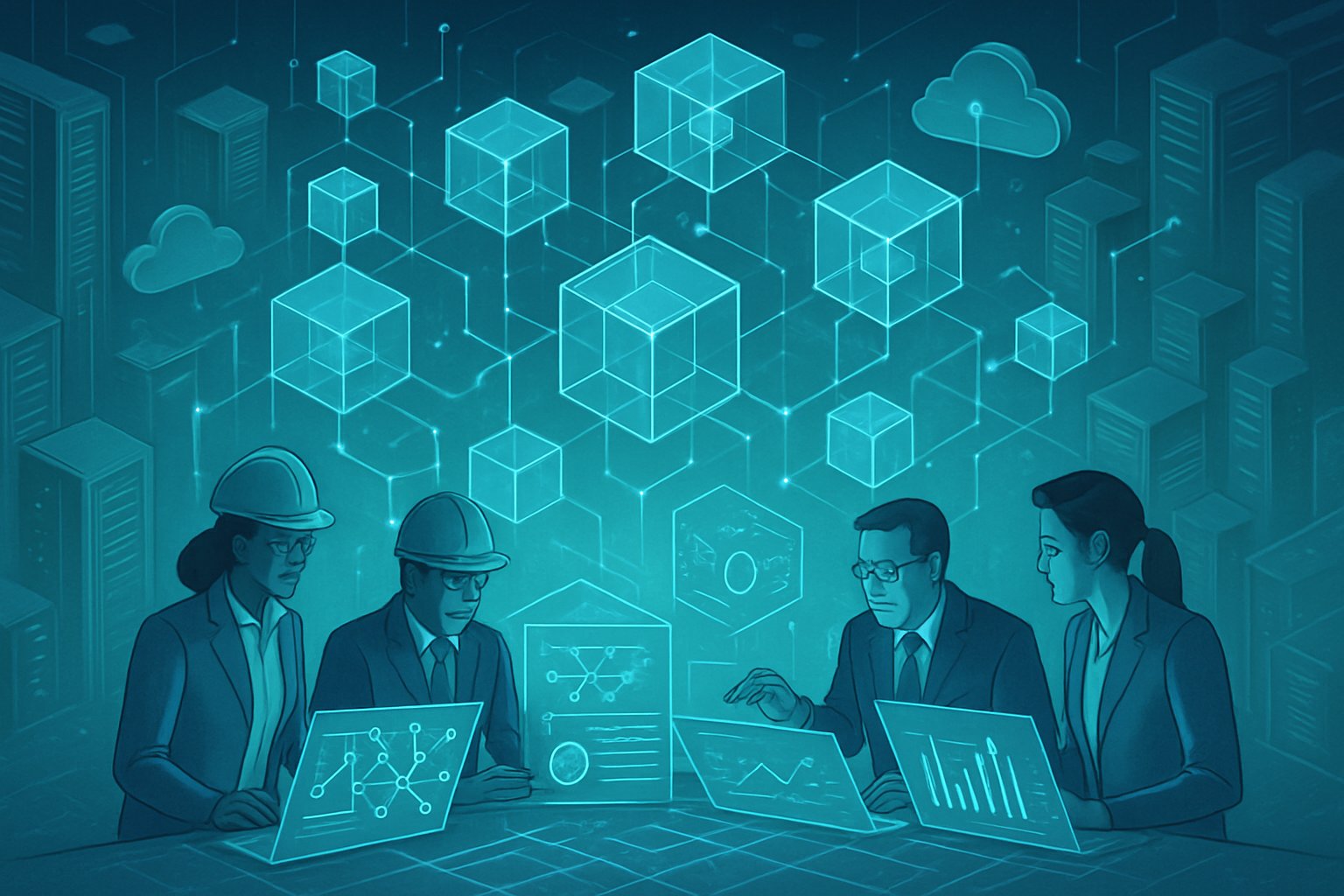 A futuristic digital city made of interconnected transparent cubes linked by glowing lines with engineers working on holographic data models and network diagrams in the foreground.