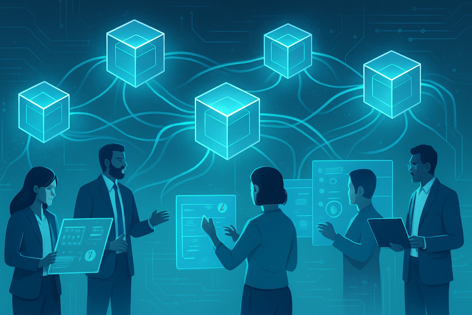 A network of interconnected data nodes with professionals interacting around them in a modern digital environment.