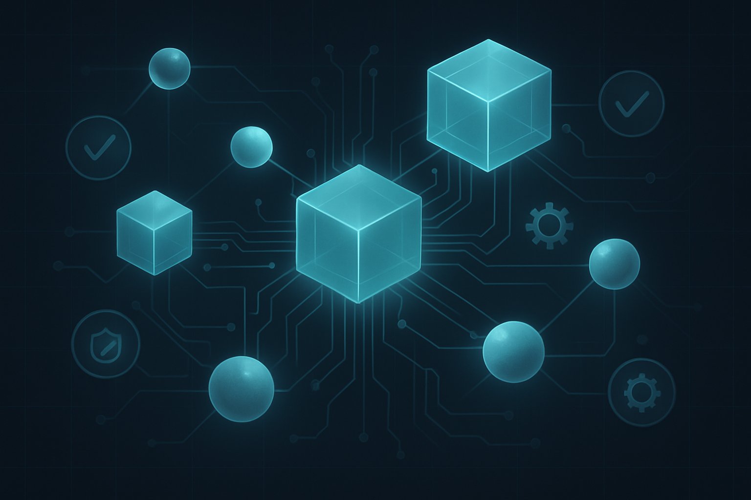 Illustration of interconnected data nodes and products linked in a network, with symbols representing data quality and governance processes.