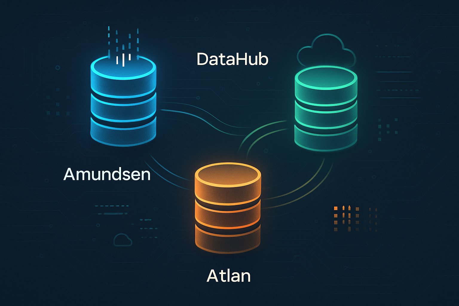 Three interconnected glowing data hubs connected by flowing lines with abstract digital elements around them, representing automated data catalogs.