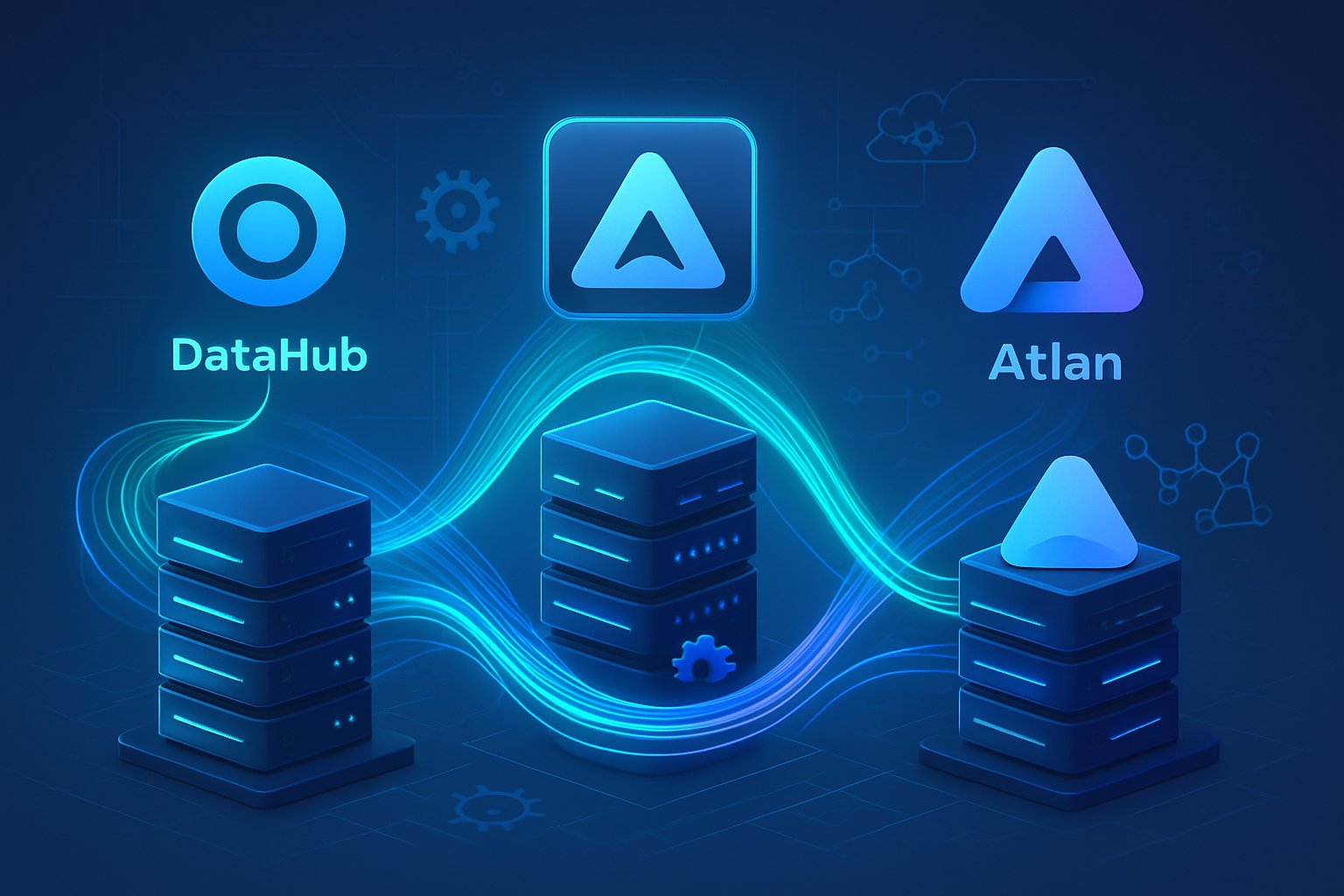 Three interconnected futuristic data hubs connected by flowing data streams in a modern tech environment, representing automated data catalogs and their integration.