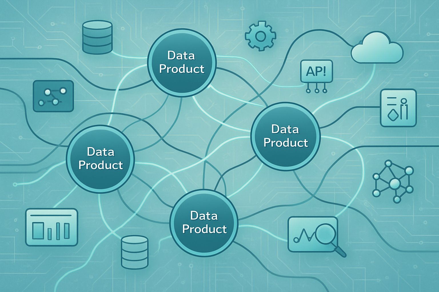 A digital network with interconnected nodes representing data products linked by flowing lines, surrounded by icons symbolizing databases, cloud services, APIs, and analytics tools.