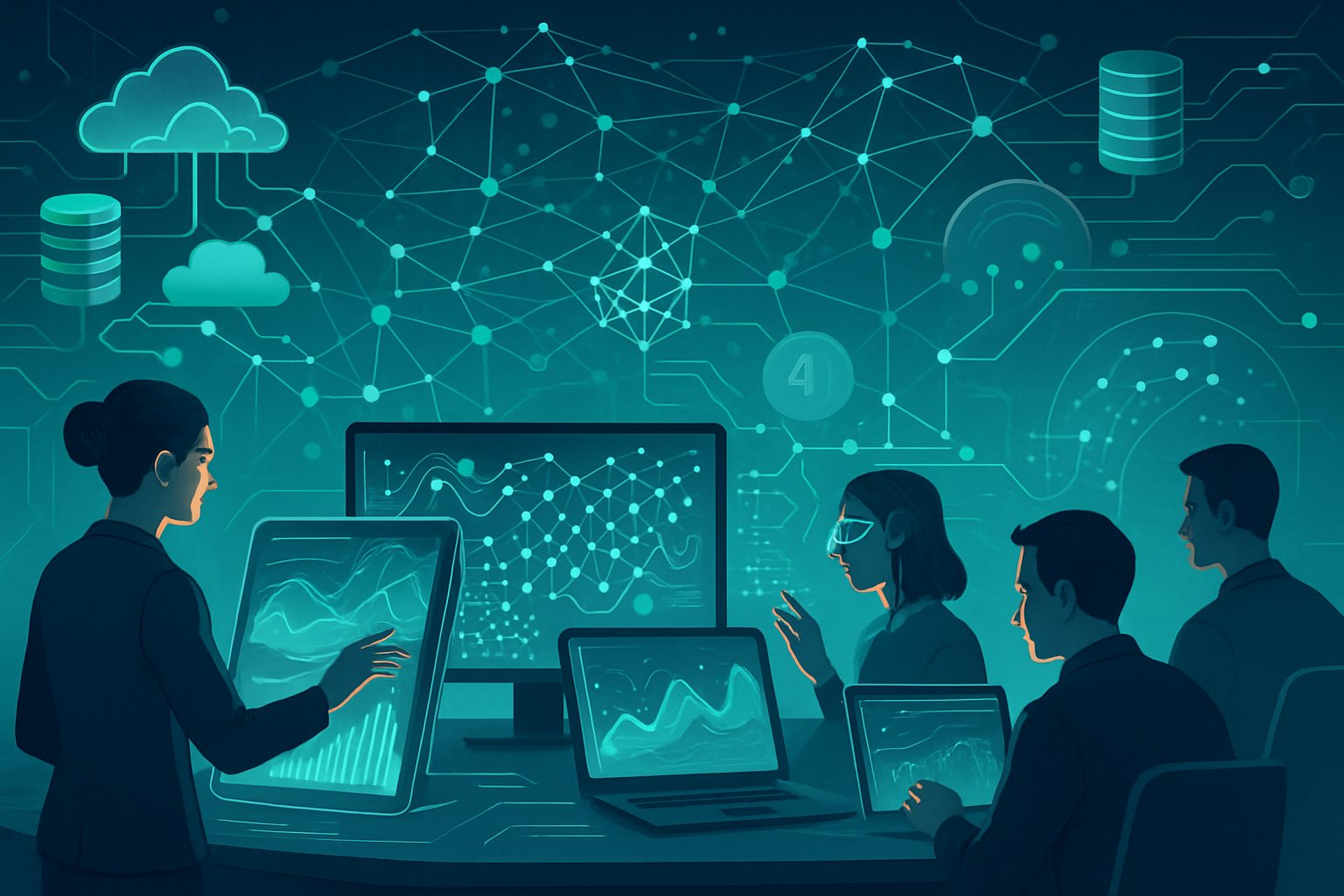 A digital scene showing interconnected data nodes and professionals interacting with real-time machine learning visualizations within a complex network.