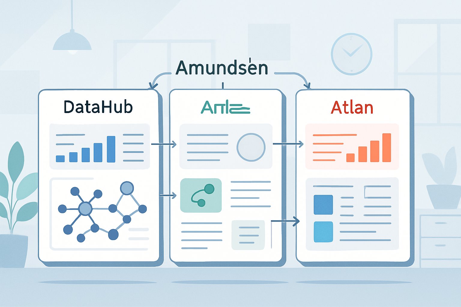 Three digital dashboards side by side showing abstract data visualizations representing different automated data catalog platforms in a modern office setting.