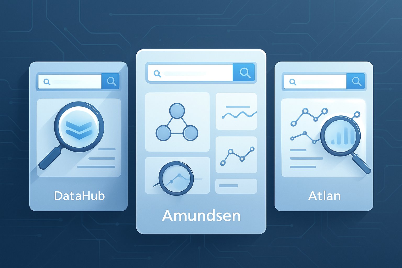 Three digital interface panels representing different automated data catalog platforms connected by flowing data lines, illustrating data discovery and search capabilities.