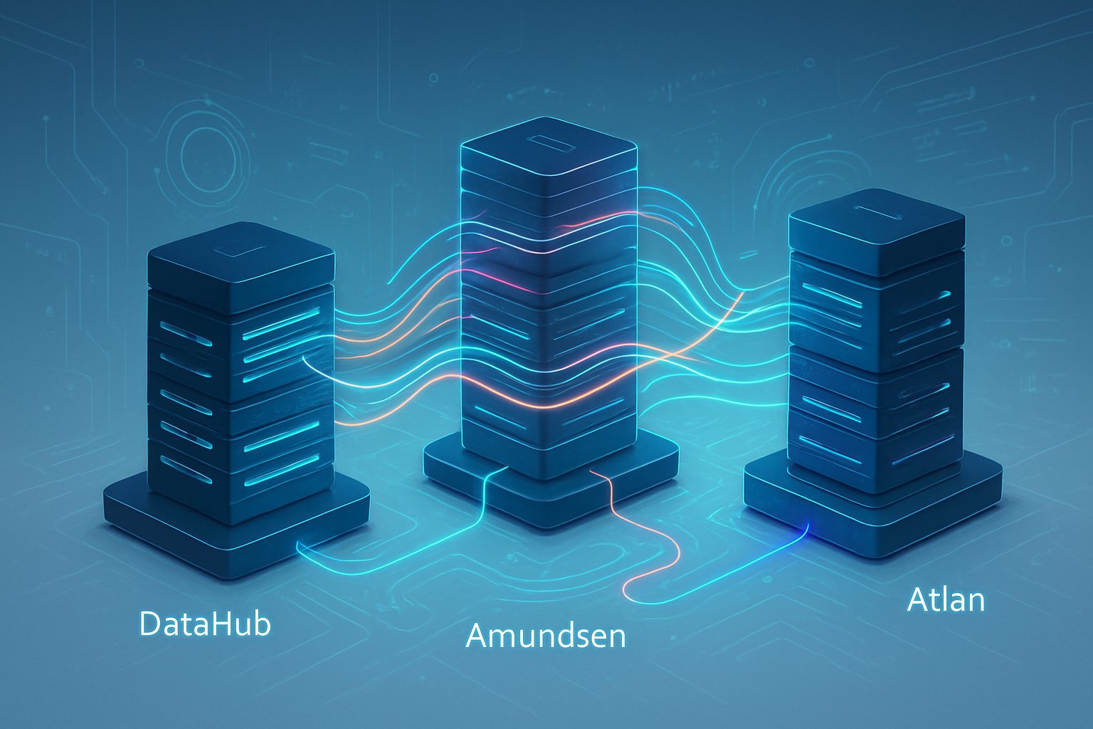 A digital illustration showing three interconnected futuristic data hubs with glowing lines representing data flow and metadata management in a high-tech data center.