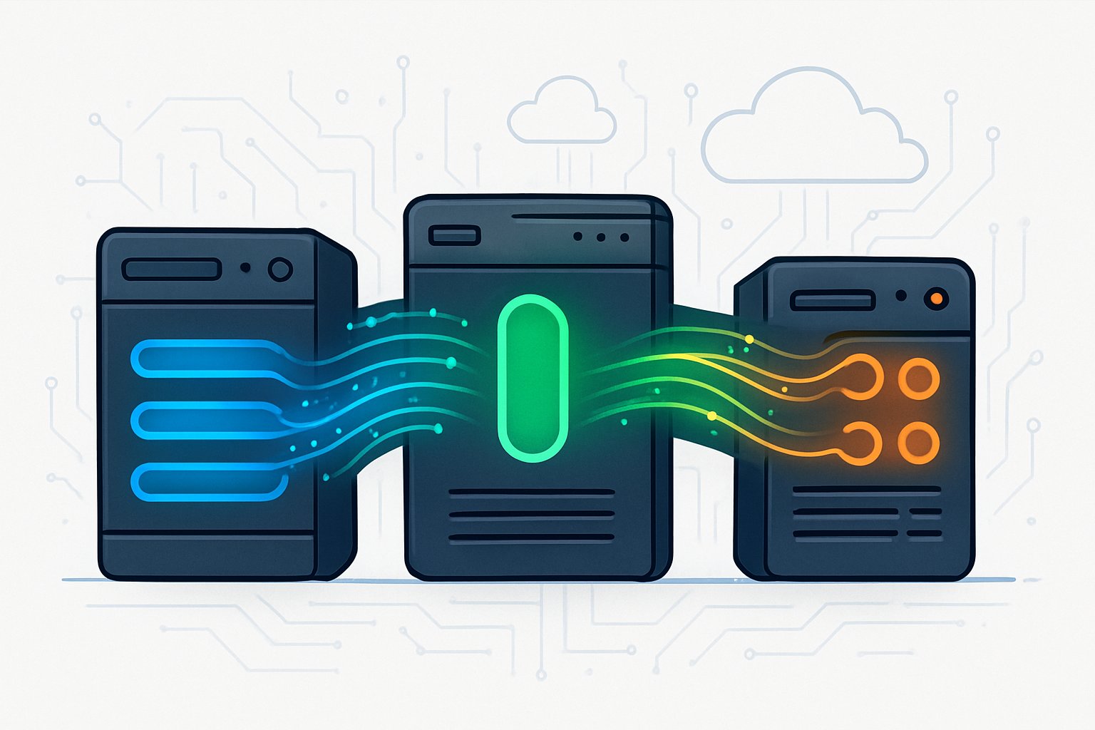Three interconnected data nodes connected by flowing lines of light, symbolizing integration of automated data catalogs within a data infrastructure environment.
