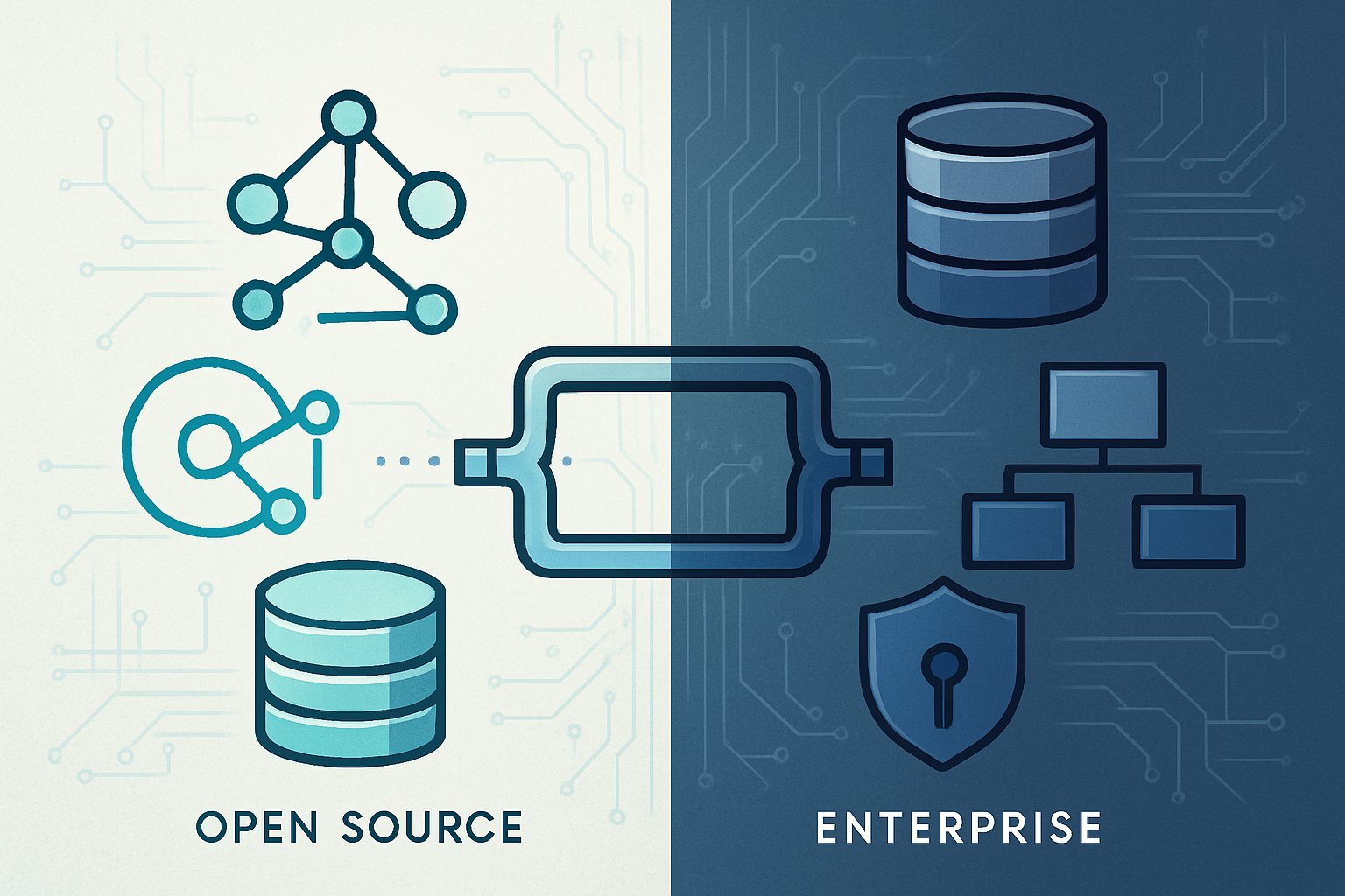 An illustration showing a comparison of automated data catalog solutions with symbols representing DataHub, Amundsen, and Atlan on one side, connected by a data flow to a structured enterprise side, all set against a digital background.